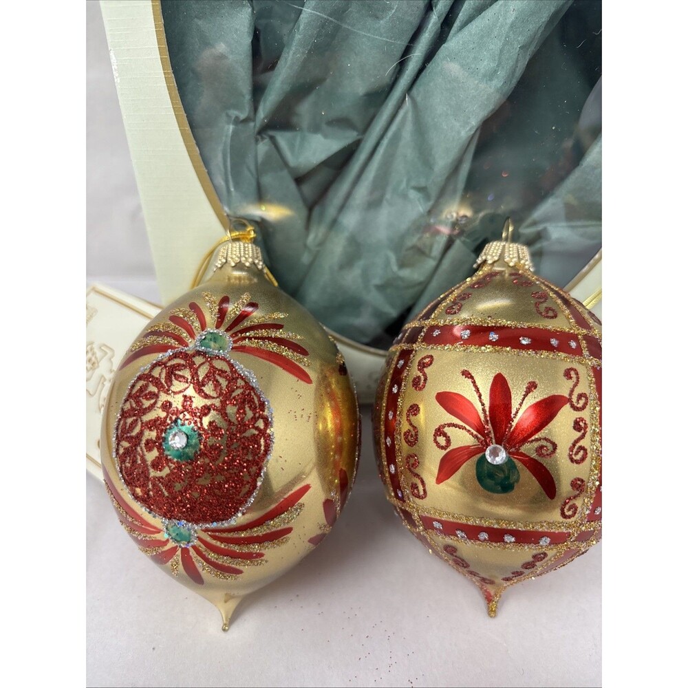 Krebs Glas Lauscha German Glass Ornaments Red Gold Victorian Old World Set 2